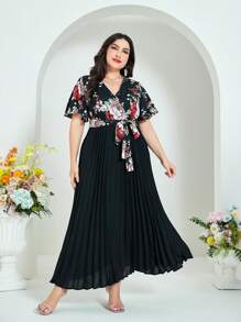 Mulvari Đầm Plus Size Thắt lưng Xếp li Trọn gói Hoa Thanh lịch - Nhiều màu - Xem 4