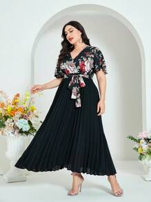 Mulvari Đầm Plus Size Thắt lưng Xếp li Trọn gói Hoa Thanh lịch - Nhiều màu - Xem 5