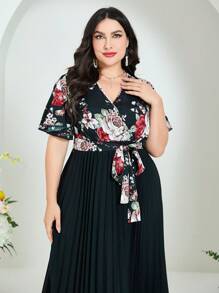 Mulvari Đầm Plus Size Thắt lưng Xếp li Trọn gói Hoa Thanh lịch - Nhiều màu - Xem 6
