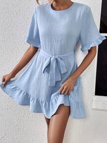 SHEIN LUNE Solid Ruffle Hem Belted Dress - Baby Blue - View 1