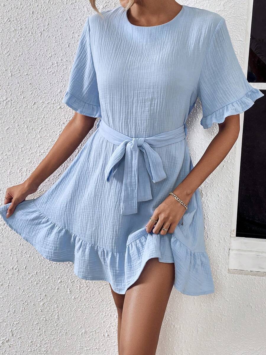 SHEIN LUNE Solid Ruffle Hem Belted Dress - Baby Blue - View 1