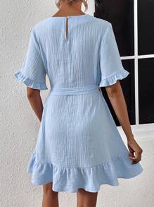 SHEIN LUNE Solid Ruffle Hem Belted Dress - Baby Blue - View 2