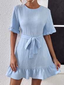 SHEIN LUNE Solid Ruffle Hem Belted Dress - Baby Blue - View 3