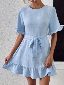 SHEIN LUNE Solid Ruffle Hem Belted Dress - Baby Blue - View 4