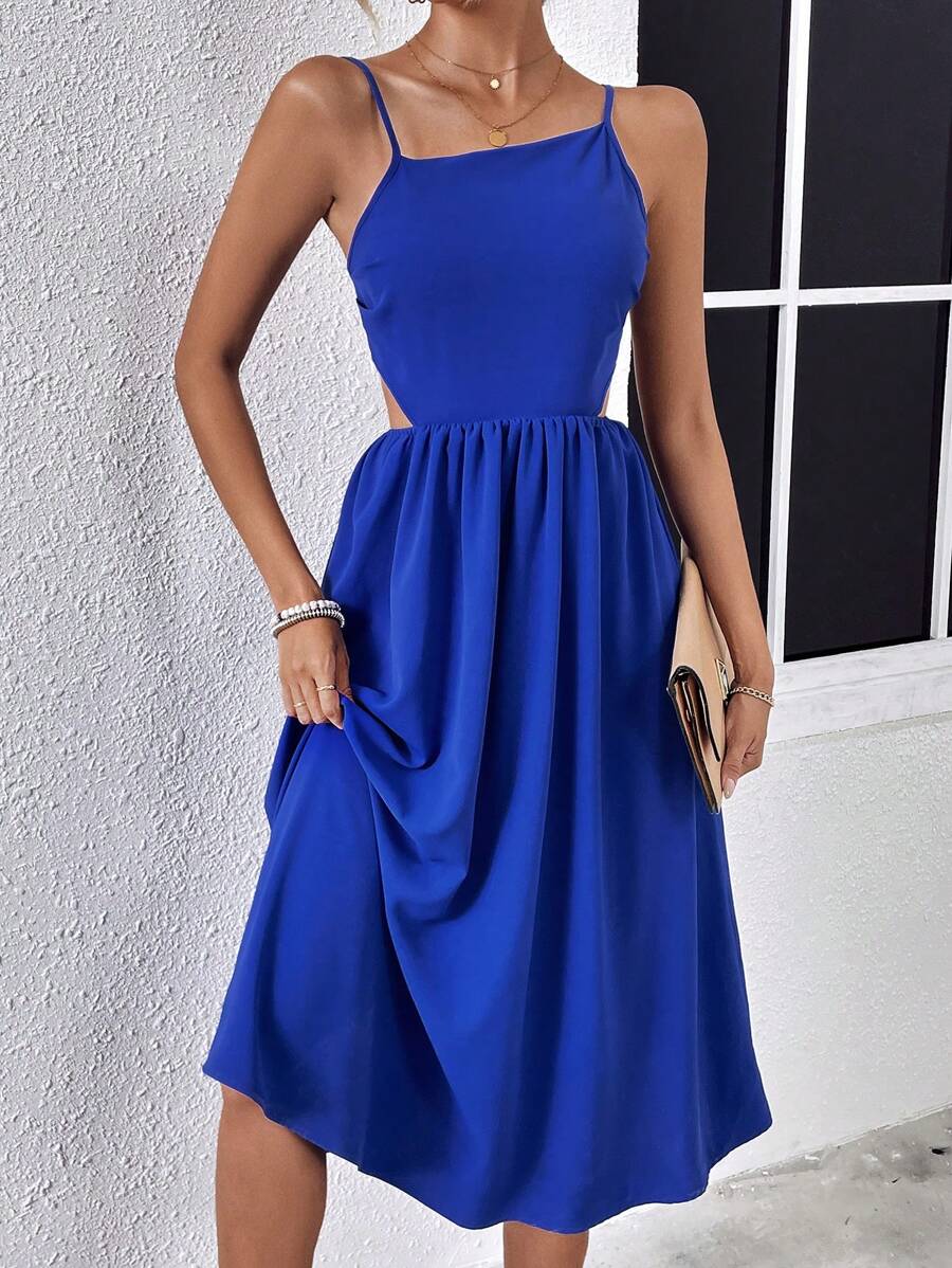 SHEIN LUNE Đầm Lộ Lưng Cắt ra Buộc lại màu trơn Gợi cảm - Màu xanh lam - Xem 1