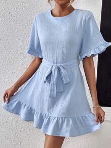 SHEIN LUNE Solid Ruffle Hem Belted Dress - Baby Blue - View 5