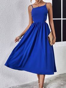 SHEIN LUNE Đầm Lộ Lưng Cắt ra Buộc lại màu trơn Gợi cảm - Màu xanh lam - Xem 3