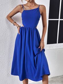 SHEIN LUNE Đầm Lộ Lưng Cắt ra Buộc lại màu trơn Gợi cảm - Màu xanh lam - Xem 4