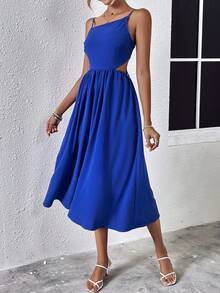 SHEIN LUNE Đầm Lộ Lưng Cắt ra Buộc lại màu trơn Gợi cảm - Màu xanh lam - Xem 5