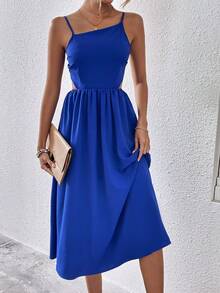 SHEIN LUNE Đầm Lộ Lưng Cắt ra Buộc lại màu trơn Gợi cảm - Màu xanh lam - Xem 6