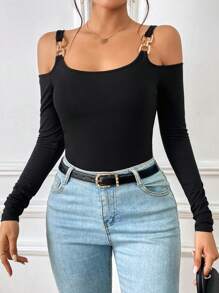 SHEIN Privé Camiseta de hombros descubiertos con diseño de cadena - Negro - Ver 5