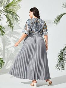 Modelyn 大碼佩斯利印花百褶下擺繫腰帶連衣裙 - 灰色 - 查看 2