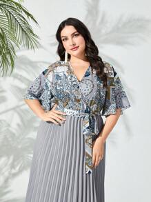 Modelyn 大碼佩斯利印花百褶下擺繫腰帶連衣裙 - 灰色 - 查看 3