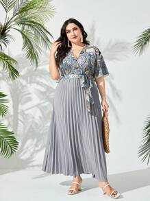 Modelyn 大碼佩斯利印花百褶下擺繫腰帶連衣裙 - 灰色 - 查看 4