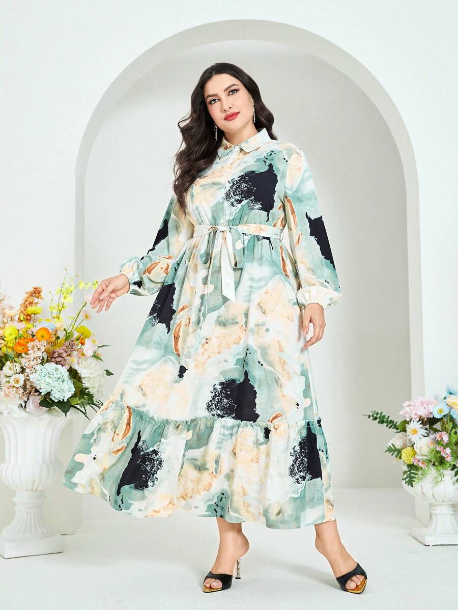 Modelyn 大碼大理石圖案燈籠袖荷葉邊腰帶襯衫洋裝