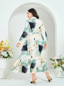 Modelyn 大碼大理石圖案燈籠袖荷葉邊腰帶襯衫洋裝