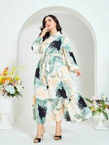 Modelyn 大碼大理石圖案燈籠袖荷葉邊腰帶襯衫洋裝