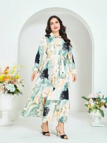 Modelyn 大碼大理石圖案燈籠袖荷葉邊腰帶襯衫洋裝