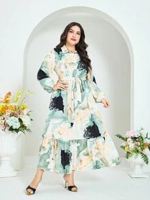 Modelyn 大碼大理石圖案燈籠袖荷葉邊腰帶襯衫洋裝