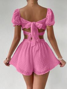 SHEIN Unity Swiss Dot Twist Front Crop Top & Shorts - Pink - View 2