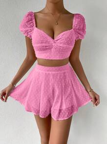 SHEIN Unity Swiss Dot Twist Front Crop Top & Shorts - Pink - View 5