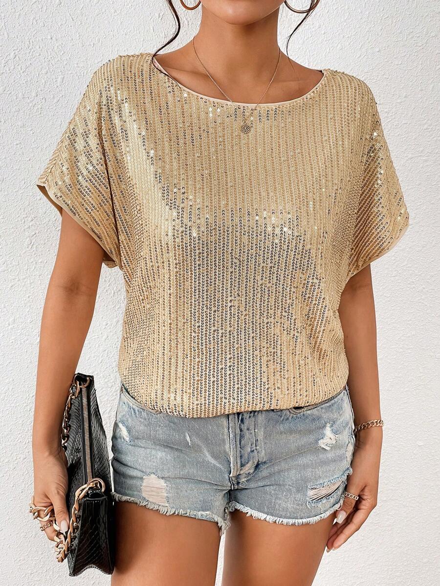 SHEIN Privé 亮片蝙蝠袖T恤 - 杏色 - 查看 1