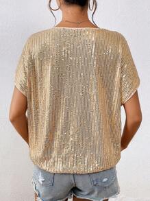 SHEIN Privé 亮片蝙蝠袖T恤 - 杏色 - 查看 2