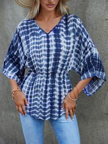 SHEIN LUNE Áo sơ mi nữ Viên lá sen Cà vạt nhuộm Giải trí - Xanh và trắng - Xem 1