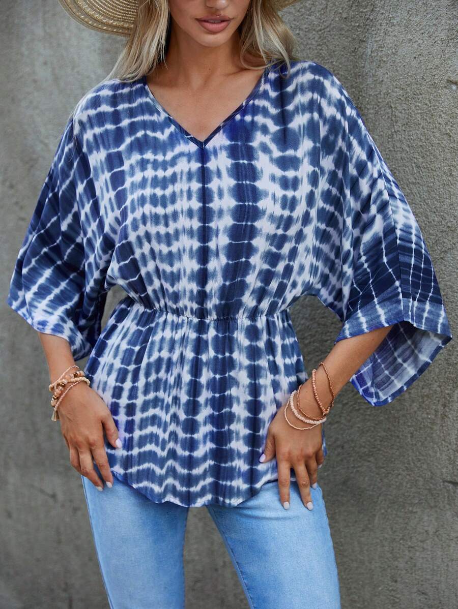 SHEIN LUNE Áo sơ mi nữ Viên lá sen Cà vạt nhuộm Giải trí - Xanh và trắng - Xem 1