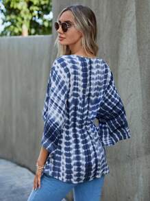 SHEIN LUNE Áo sơ mi nữ Viên lá sen Cà vạt nhuộm Giải trí - Xanh và trắng - Xem 2