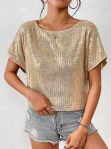 SHEIN Privé 亮片蝙蝠袖T恤 - 杏色 - 查看 4