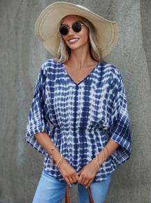 SHEIN LUNE Áo sơ mi nữ Viên lá sen Cà vạt nhuộm Giải trí - Xanh và trắng - Xem 3