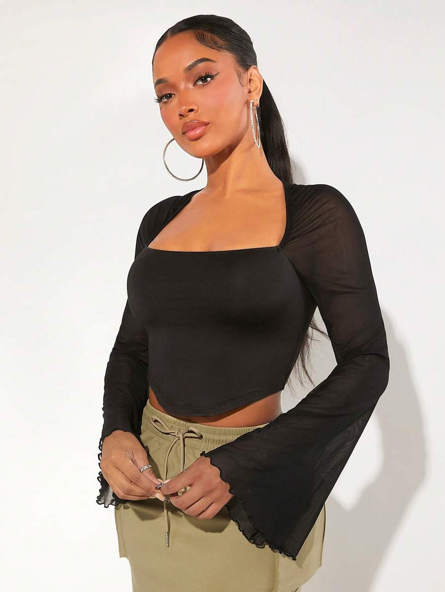 SHEIN SXY Cổ vuông Tay áo kèn Bandana Hem Mùa vụ Lưới Áo - màu đen - Xem 1