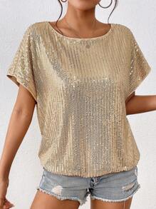 SHEIN Privé 亮片蝙蝠袖T恤 - 杏色 - 查看 5