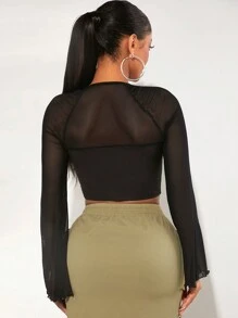 SHEIN SXY Cổ vuông Tay áo kèn  Bandana Hem Mùa vụ Lưới Áo - màu đen - Xem 2