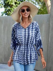 SHEIN LUNE Áo sơ mi nữ Viên lá sen Cà vạt nhuộm Giải trí - Xanh và trắng - Xem 5