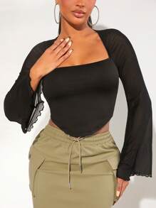 SHEIN SXY Cổ vuông Tay áo kèn  Bandana Hem Mùa vụ Lưới Áo - màu đen - Xem 4