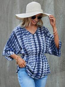 SHEIN LUNE Áo sơ mi nữ Viên lá sen Cà vạt nhuộm Giải trí - Xanh và trắng - Xem 6