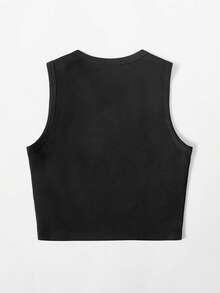 SHEIN EZwear 大碼摩托車和字母圖案短款背心 - 黑色 - 查看 2