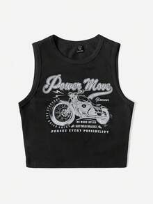 SHEIN EZwear 大碼摩托車和字母圖案短款背心 - 黑色 - 查看 3