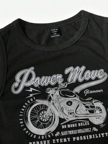 SHEIN EZwear 大碼摩托車和字母圖案短款背心 - 黑色 - 查看 5