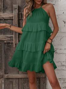 Chiquease Solid Ruffle Hem Cami Dress - Dark Green - View 3