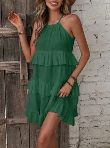 Chiquease Solid Ruffle Hem Cami Dress - Dark Green - View 4