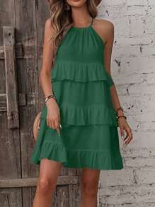 Chiquease Solid Ruffle Hem Cami Dress - Dark Green - View 5