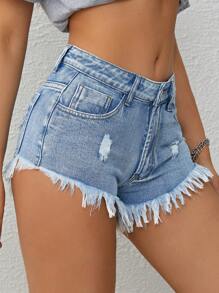 SHEIN EZwear Ripped Raw Hem Denim Shorts - Light Wash - View 3