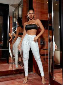 High Waist Elastic Pocket Snake Skin Print Skinny Pants, Sexy For Music Festival - White - View 3