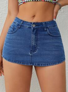SHEIN EZwear Quần short denim nữ Nút Túi Dây kéo màu trơn - Rửa tối - Xem 3