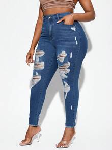 SHEIN SXY 大碼毛邊破洞緊身牛仔褲 - 深色水洗藍 - 查看 2