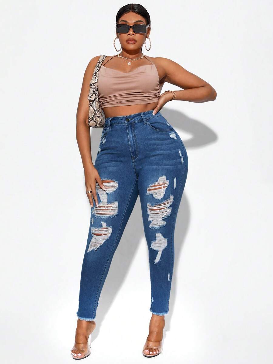 SHEIN SXY 大碼毛邊破洞緊身牛仔褲 - 深色水洗藍 - 查看 1