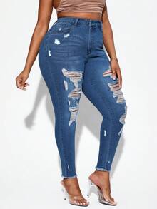 SHEIN SXY 大碼毛邊破洞緊身牛仔褲 - 深色水洗藍 - 查看 4